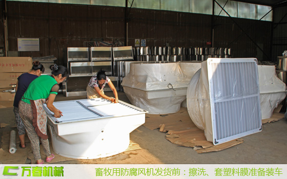 萬春機械工人正在擦洗豬舍防腐風機百葉,準備套塑料保護膜